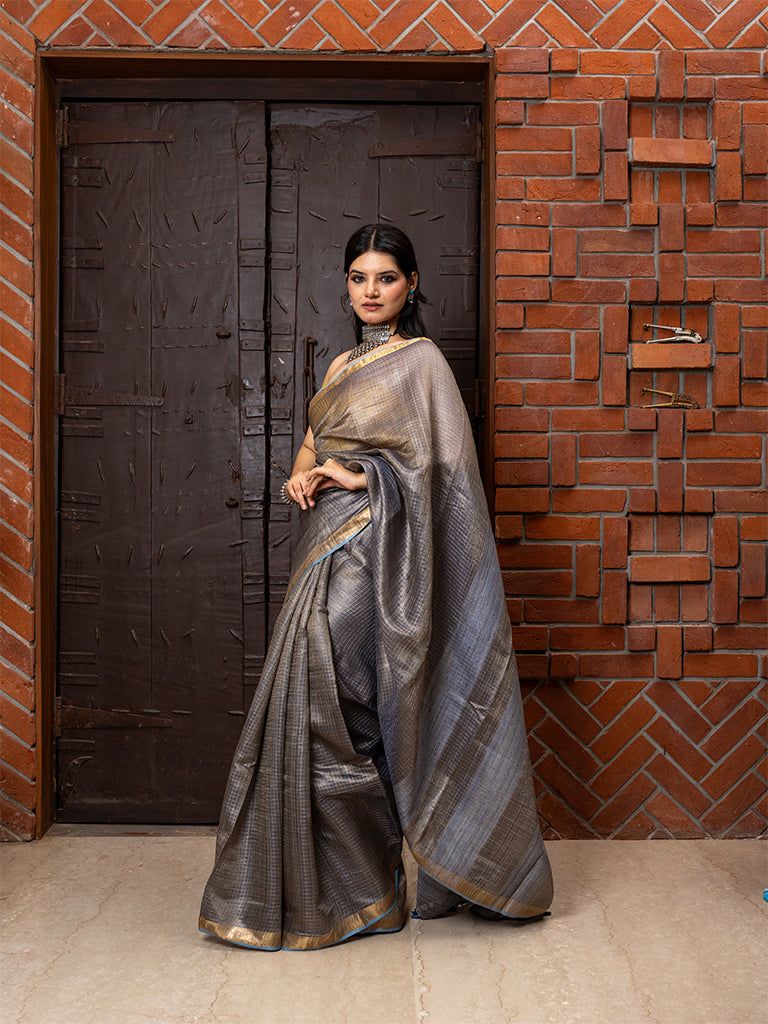 Metallic Grey-Shaded Tussar Silk Saree