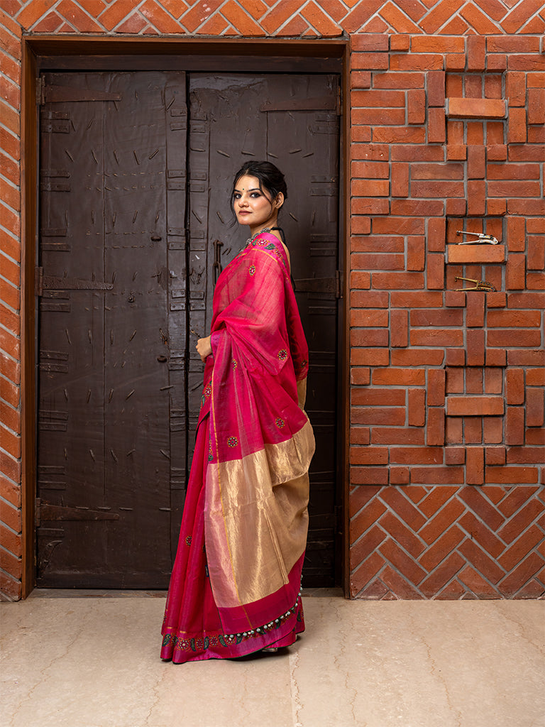 Carrot-Pink Hand Embroidered Saree