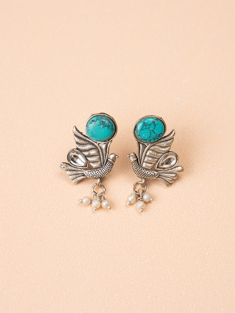 Bird Blue Stone Oxidised Earring