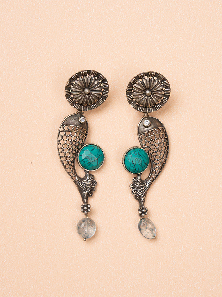 Fish Stone Oxidised Earring