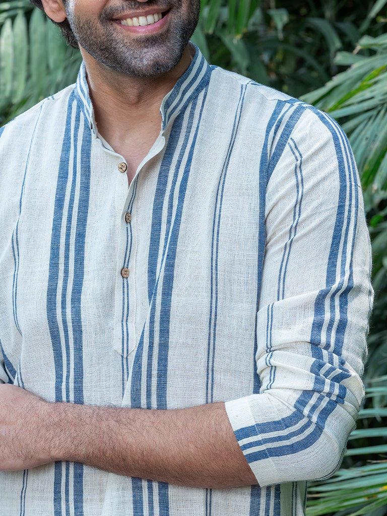 Handwoven Blue Stripped Kala Cotton Short Kurta