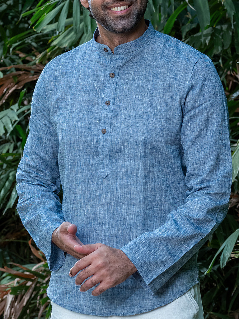 Handwoven Linen Sky-Blue Short Kurta