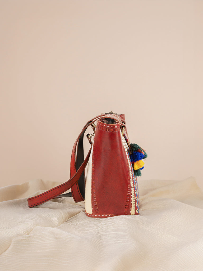 Applique & Running Stitch Leather Hand Bag