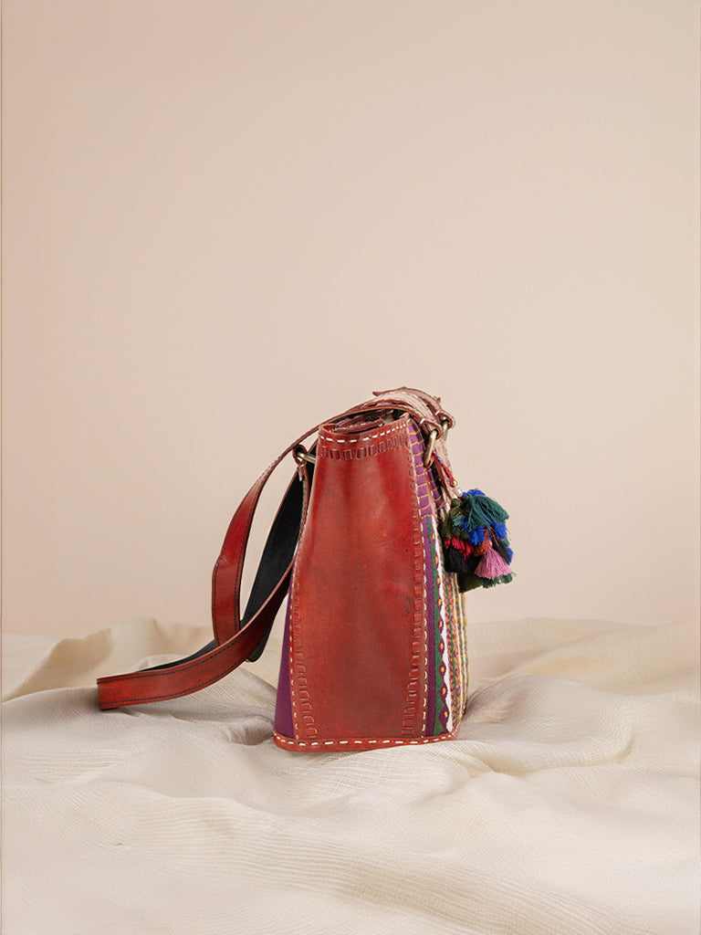 Applique & Running Stitch Leather Hand Bag