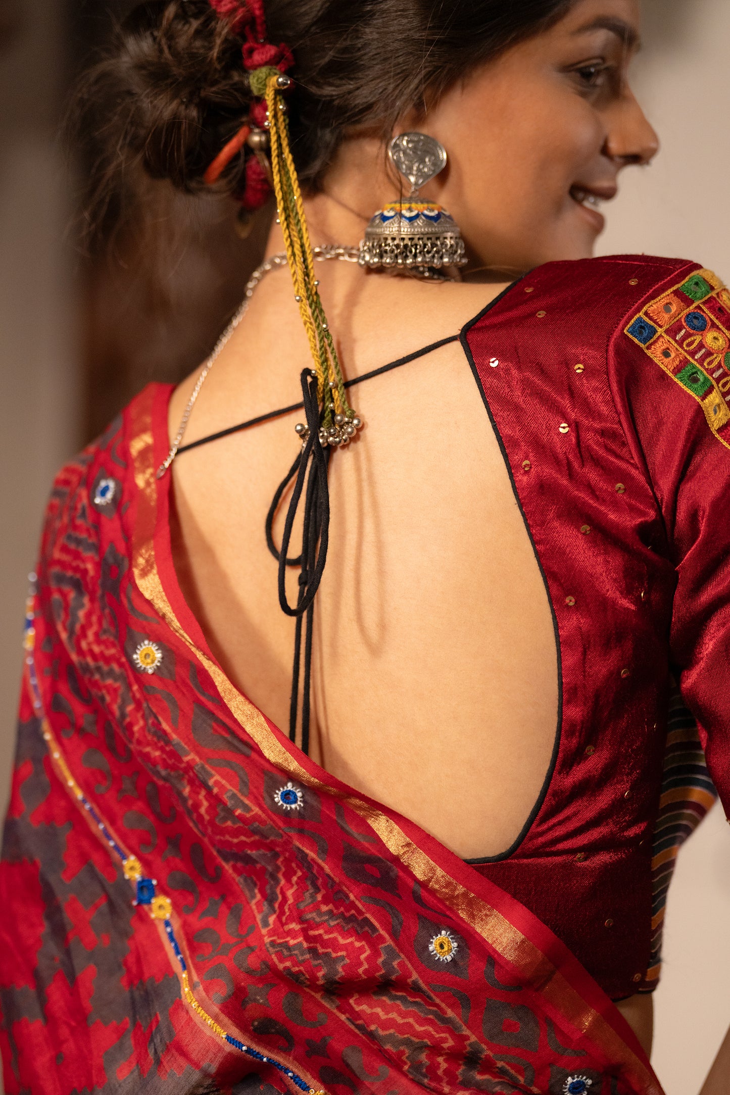 Fabulous Green Red Mashru Silk Embroidered Blouse