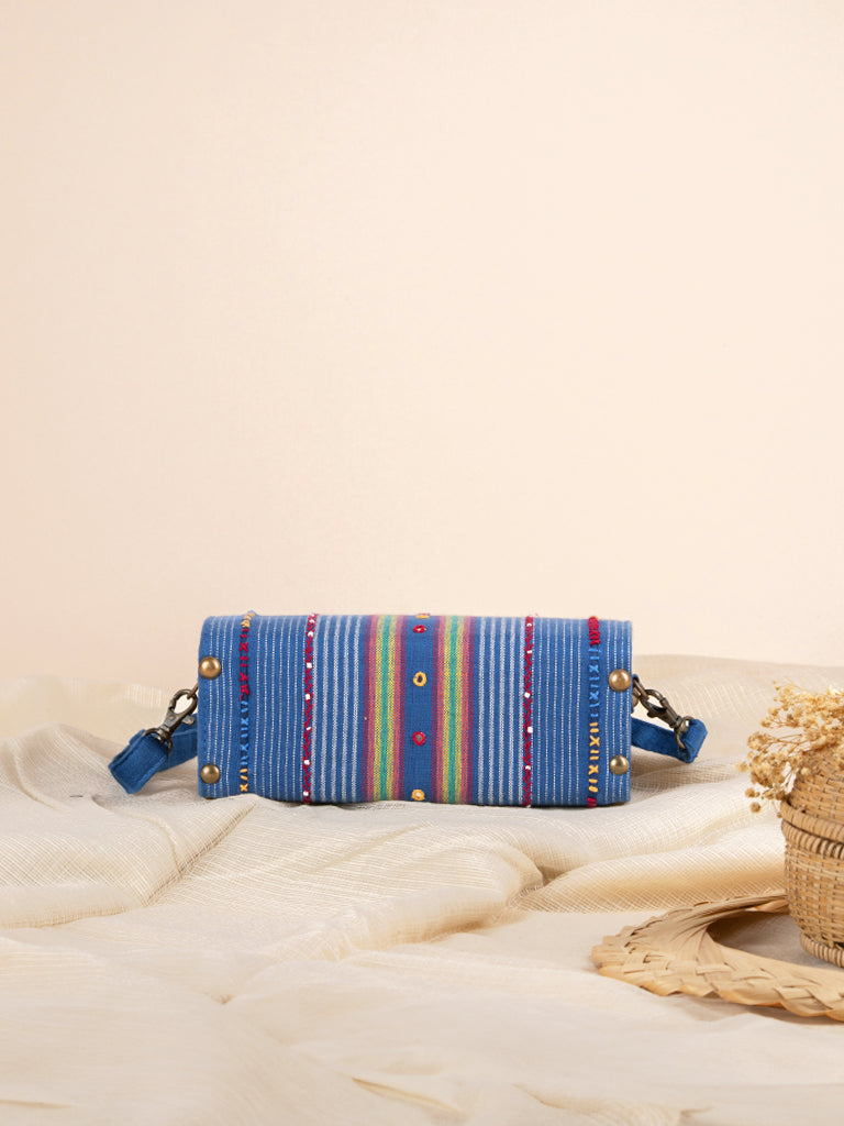 Blue Square Hand Woven Wooden Sling Bag