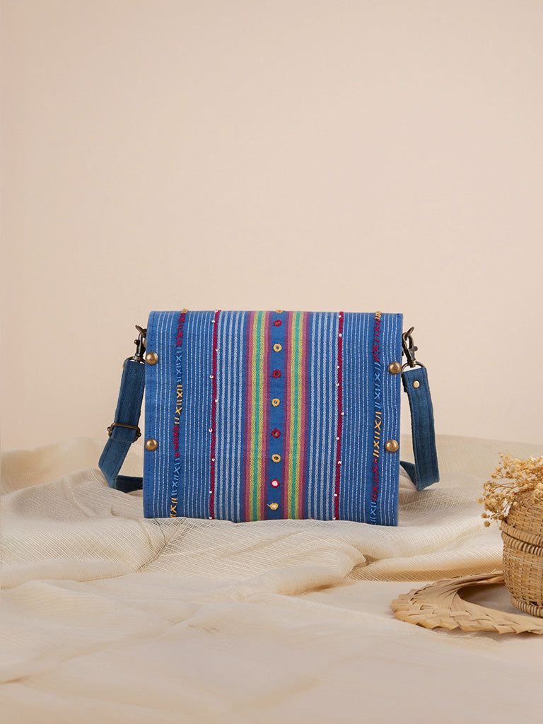Blue Capsul Hand Woven  Wooden Sling Bag