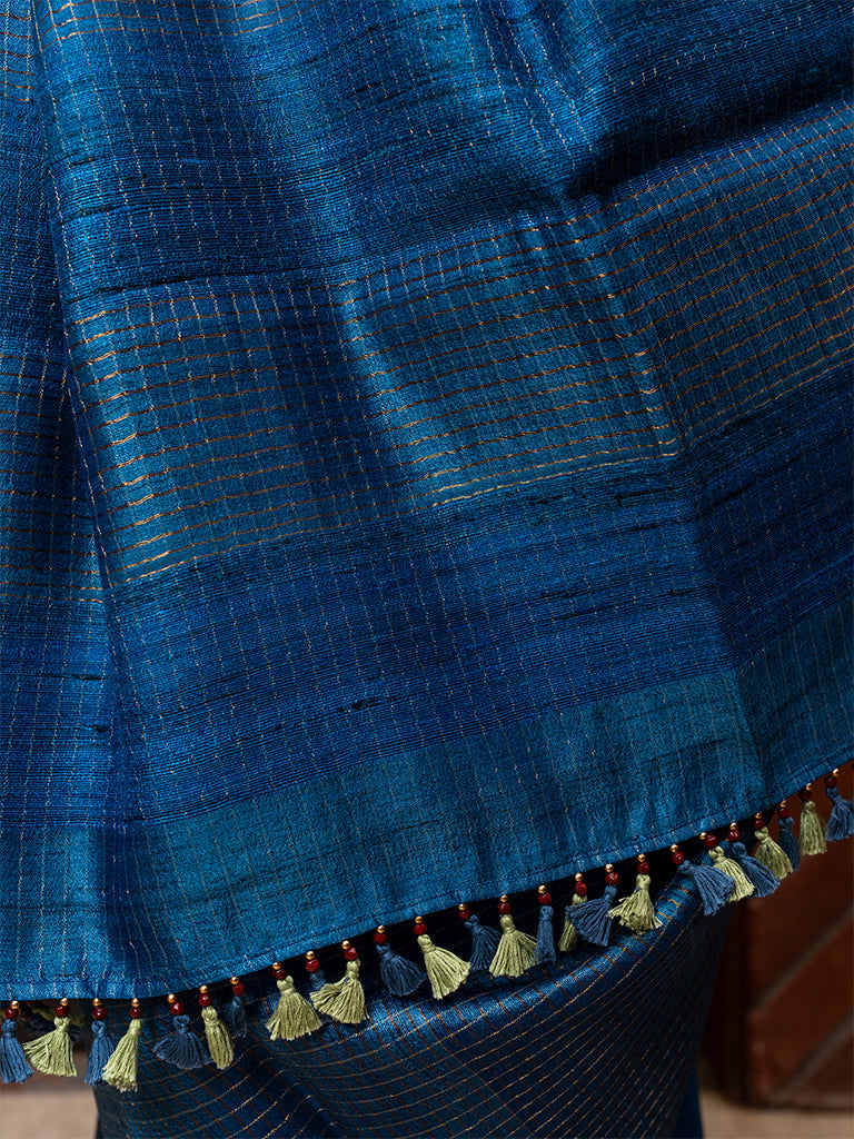 Checkered Tussar Blue Saree