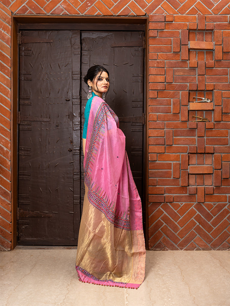 Dark-Pink Hand-Embroidered Floral Saree