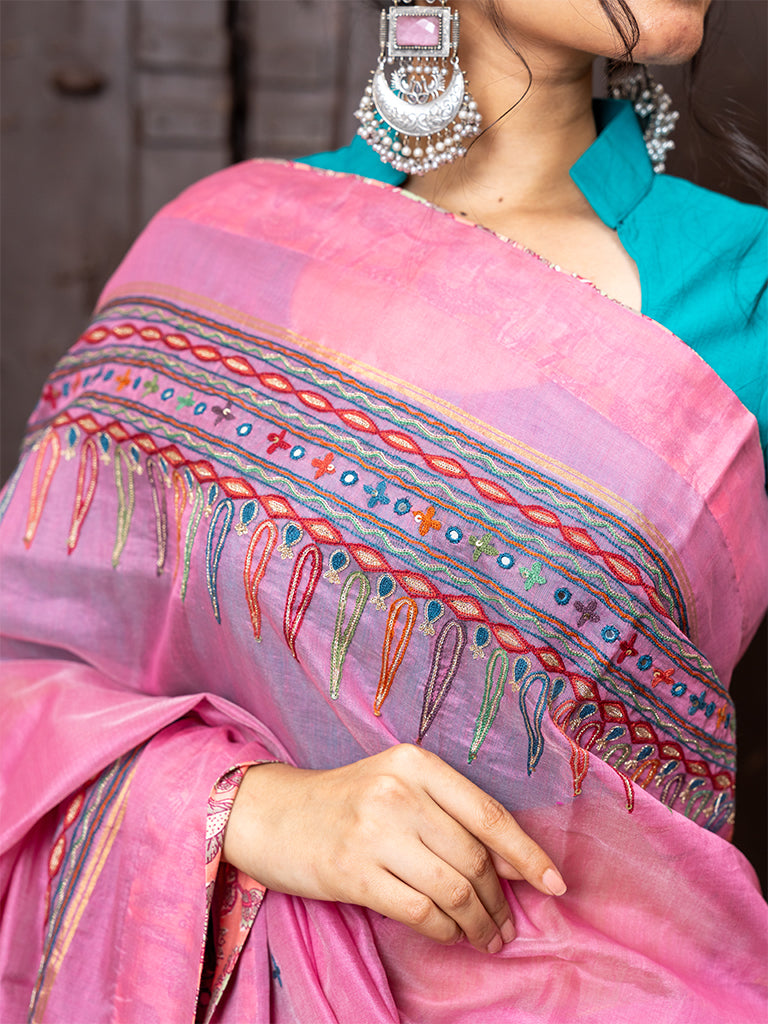 Dark-Pink Hand-Embroidered Floral Saree