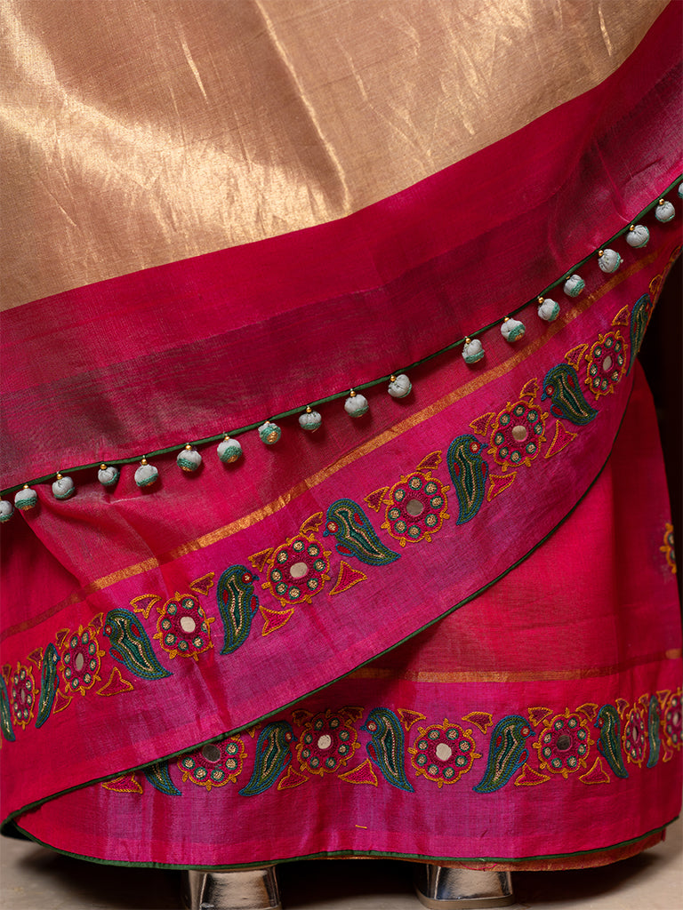 Carrot-Pink Hand Embroidered Saree