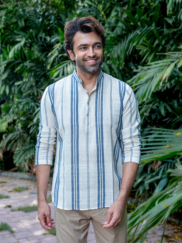 Handwoven Blue Stripped Kala Cotton Short Kurta