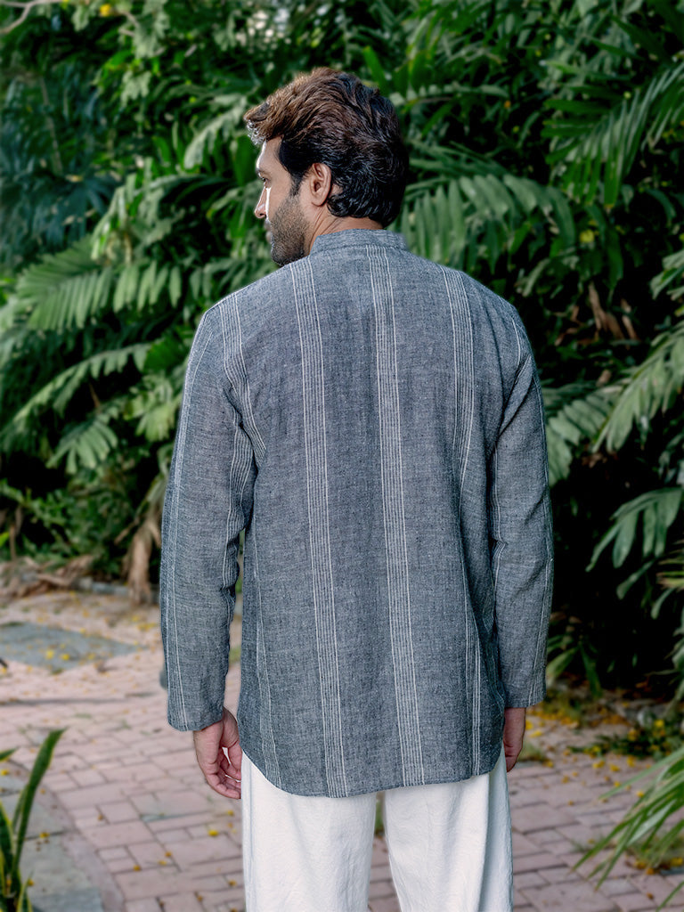 Handwoven Grey-White Stripes Short Kurta
