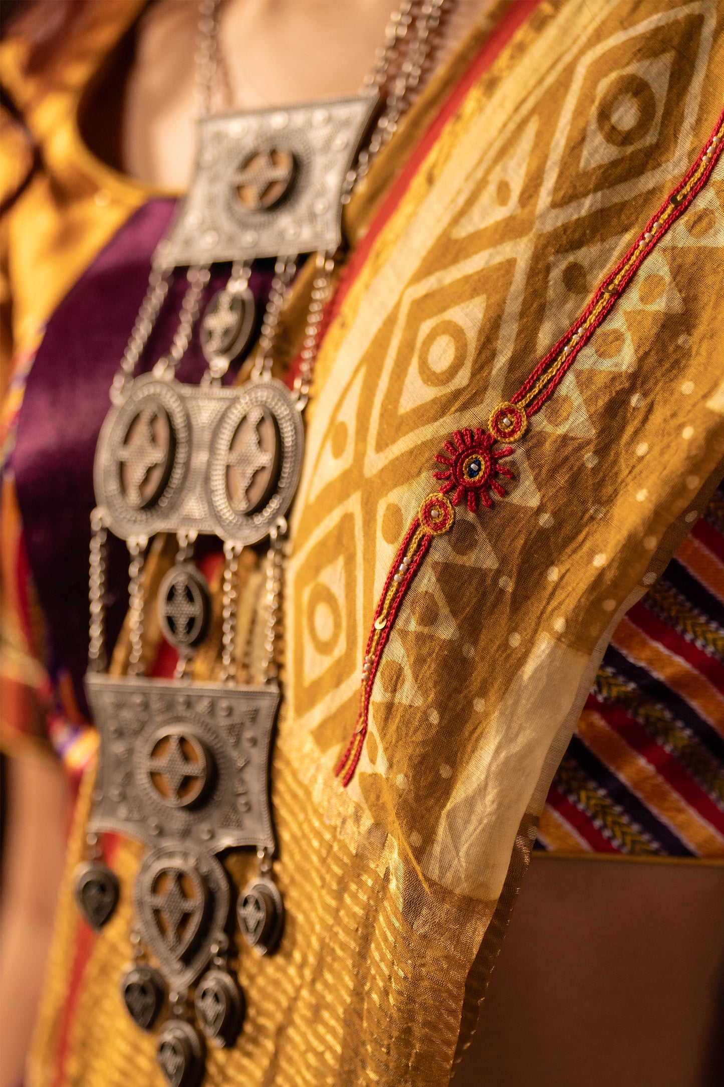 Gorgeous Mustard- Purple Mashru Silk Hand-Embroidered Blouse