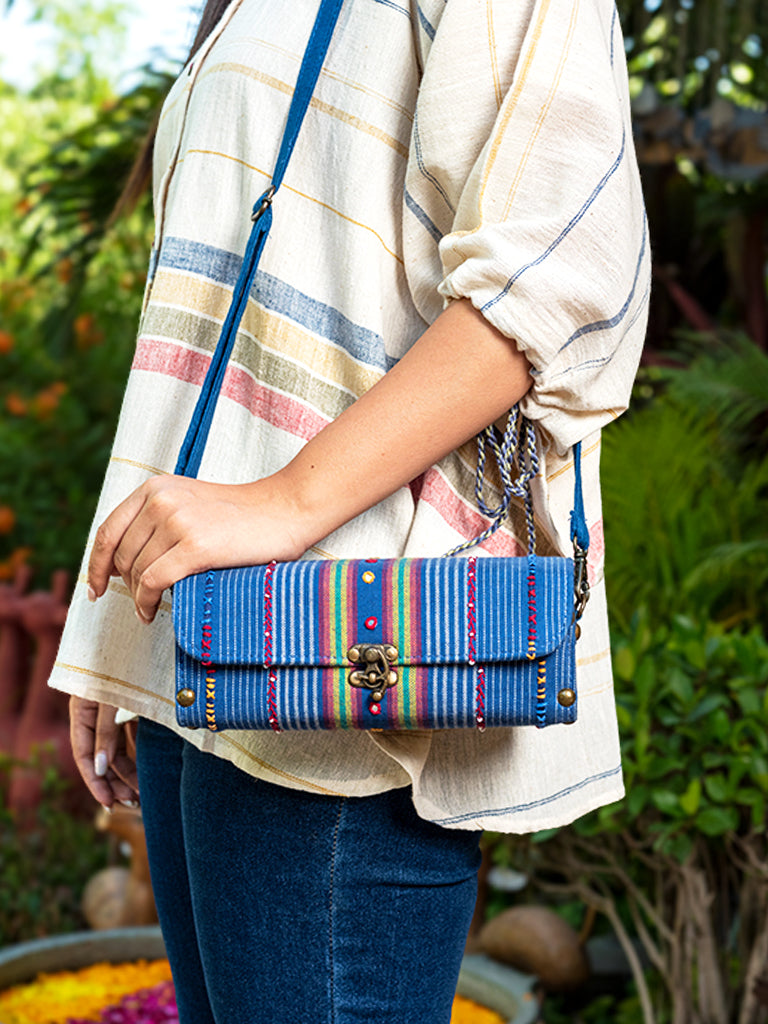 Blue Square Hand Woven Wooden Sling Bag