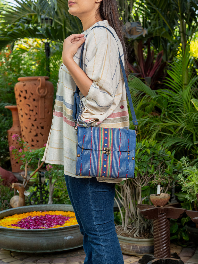 Blue Capsul Hand Woven  Wooden Sling Bag