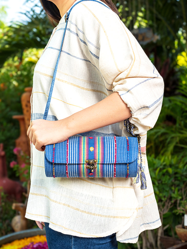 Blue Round Hand Woven Wooden Sling Bag