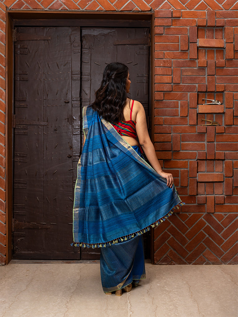 Checkered Tussar Blue Saree
