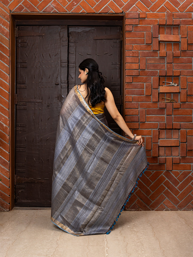 Metallic Grey-Shaded Tussar Silk Saree