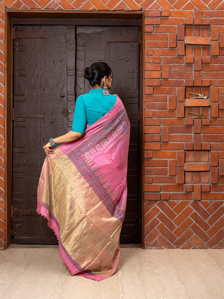 Dark-Pink Hand-Embroidered Floral Saree