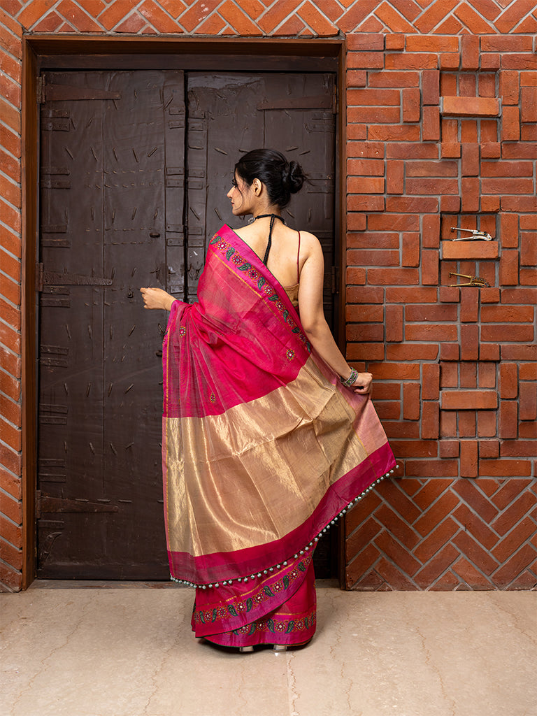 Carrot-Pink Hand Embroidered Saree