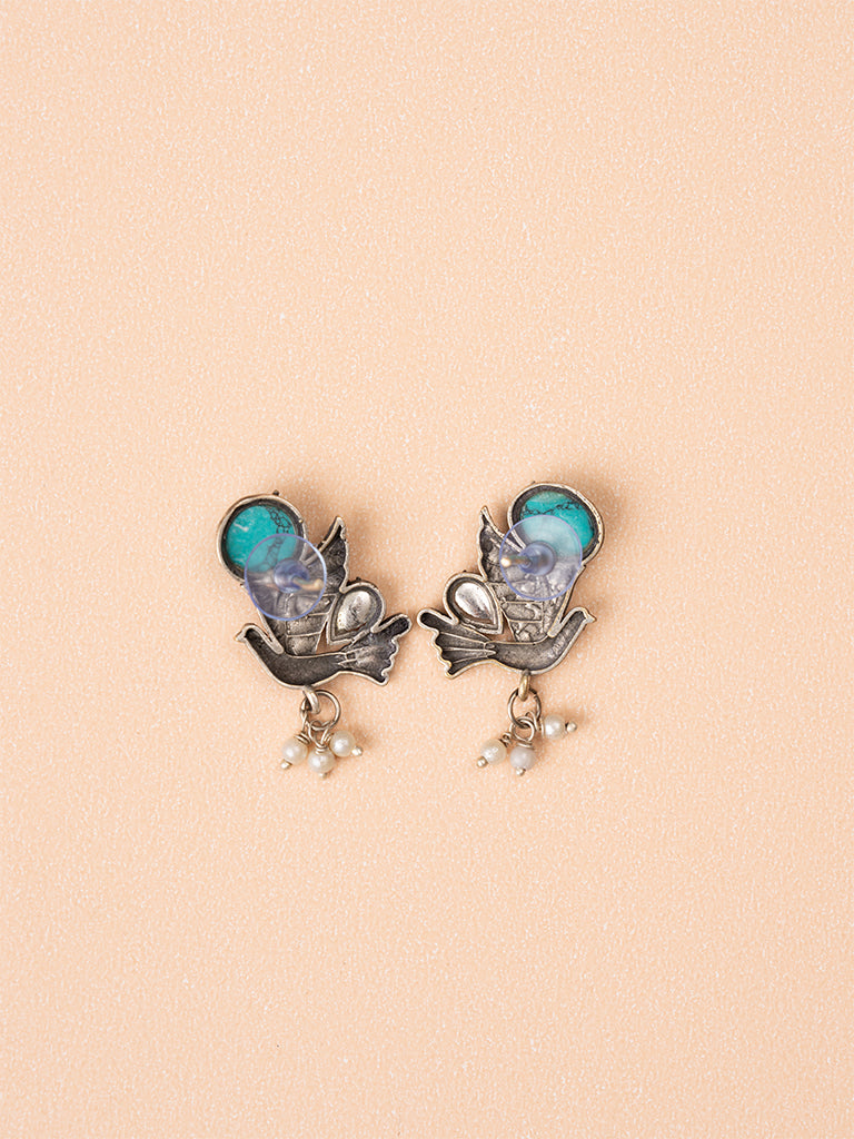 Bird Blue Stone Oxidised Earring