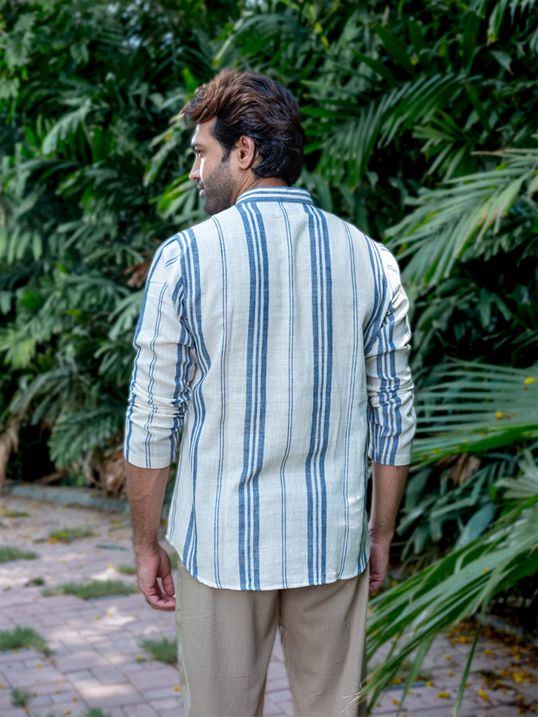 Handwoven Blue Stripped Kala Cotton Short Kurta
