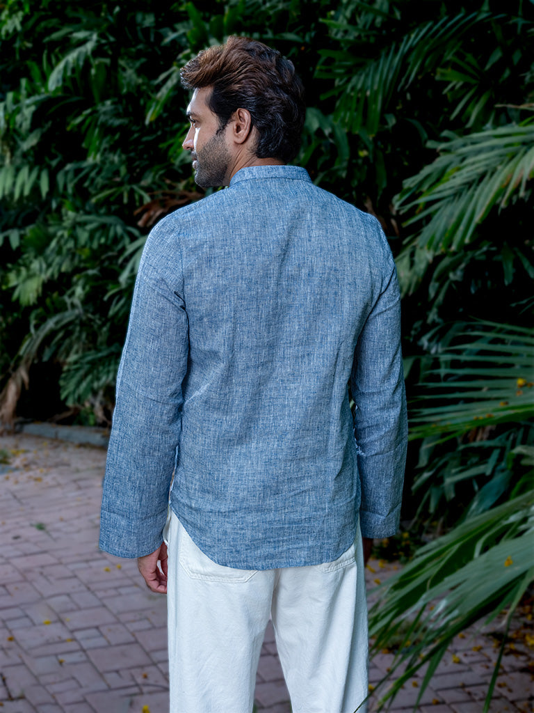 Handwoven Linen Sky-Blue Short Kurta