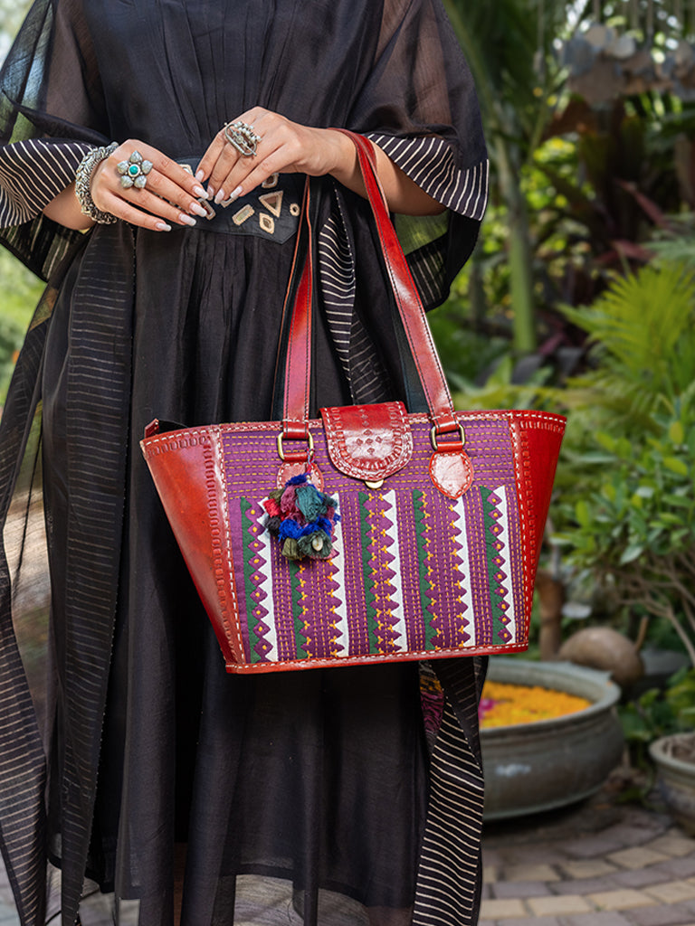 Applique & Running Stitch Leather Hand Bag