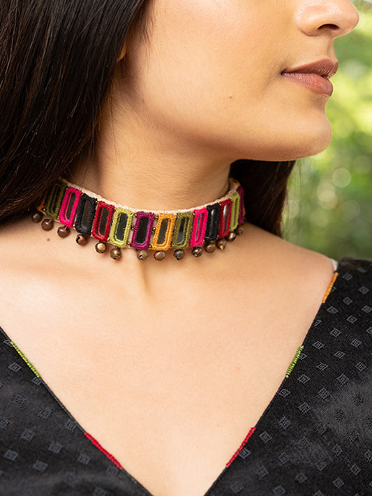 Multi Rectangular Mirror Choker with Purple Dori