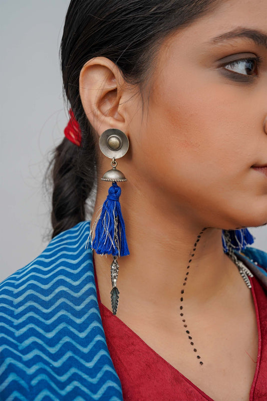 Blue Oxidised Tassel Jhumka