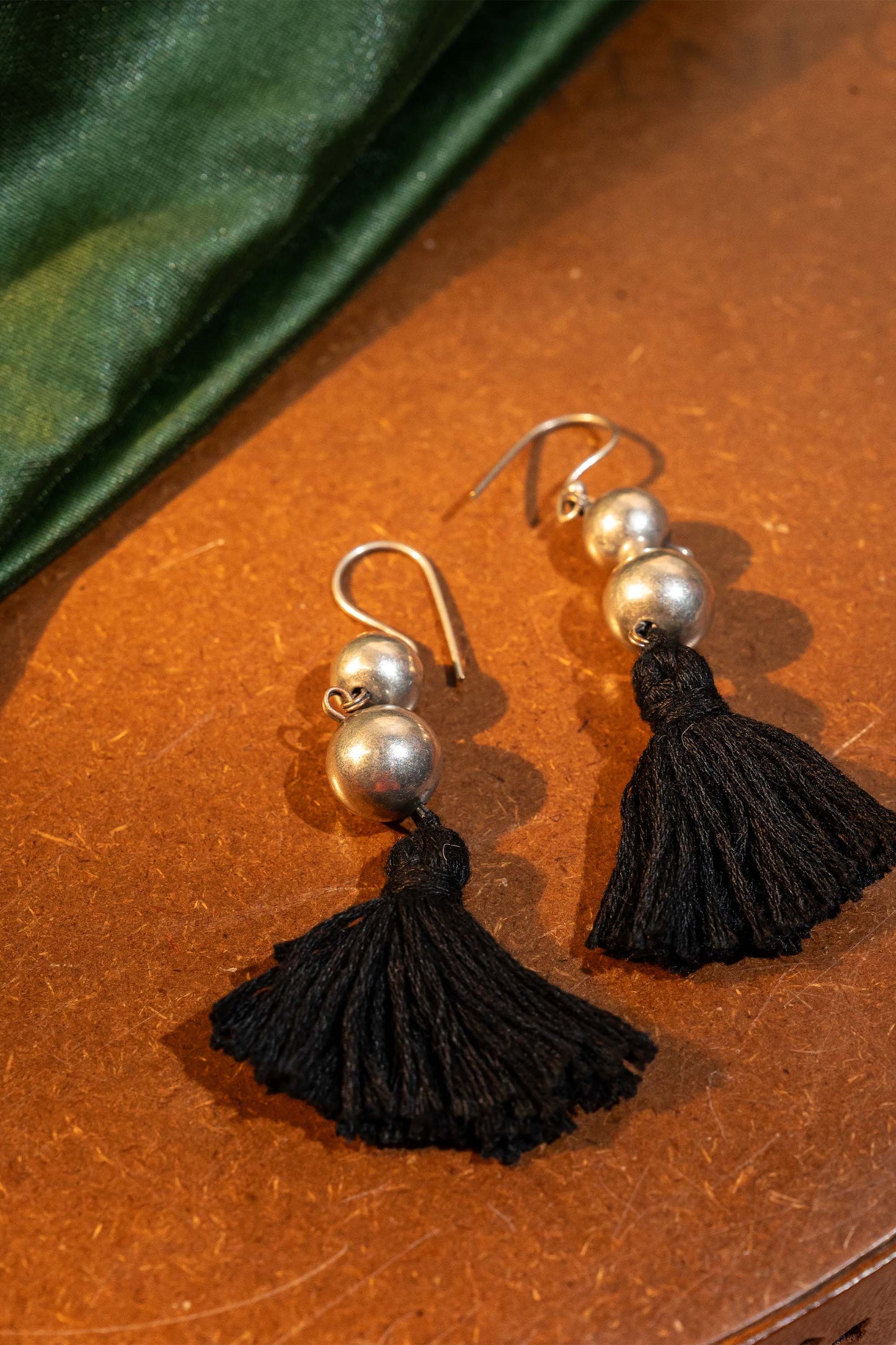 Black Oxidised Ball With Tassels Earring