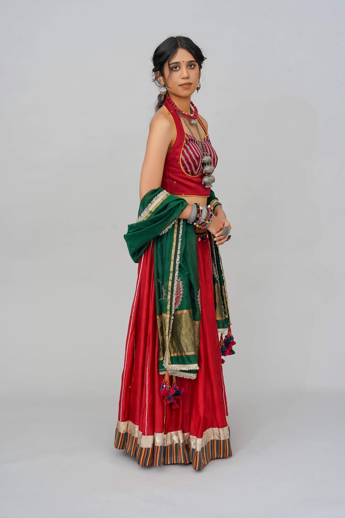 Green Chanderi Handcrafted Block Print Dupatta With Tassels