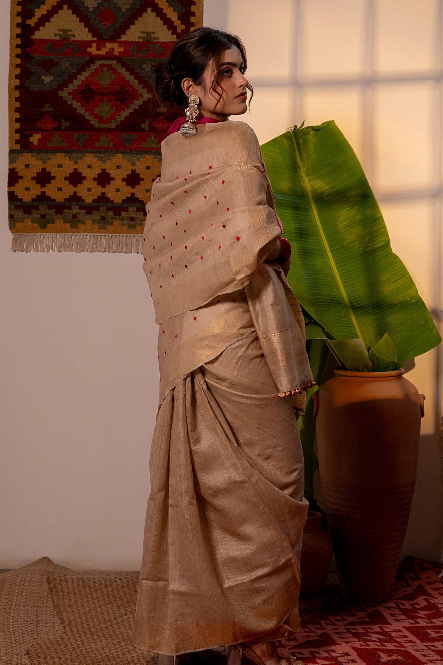 Luxury Ivory Tussar Silk Saree With Delicate Aari & Appliqué Work