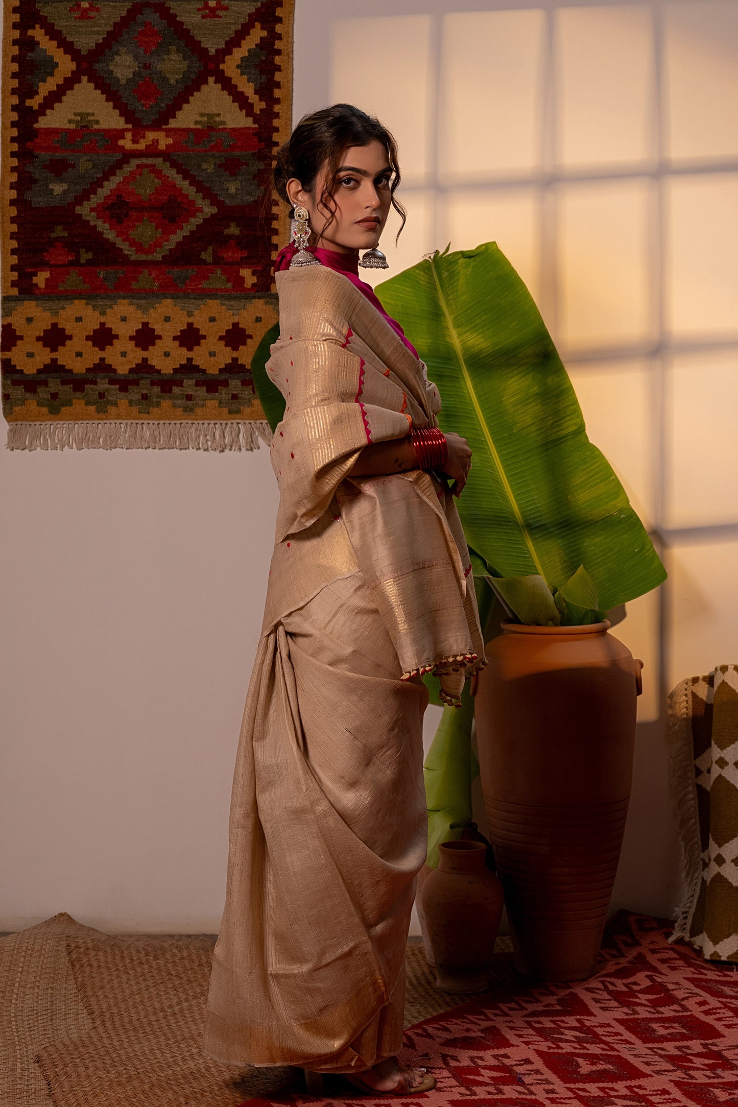 Luxury Ivory Tussar Silk Saree With Delicate Aari & Appliqué Work
