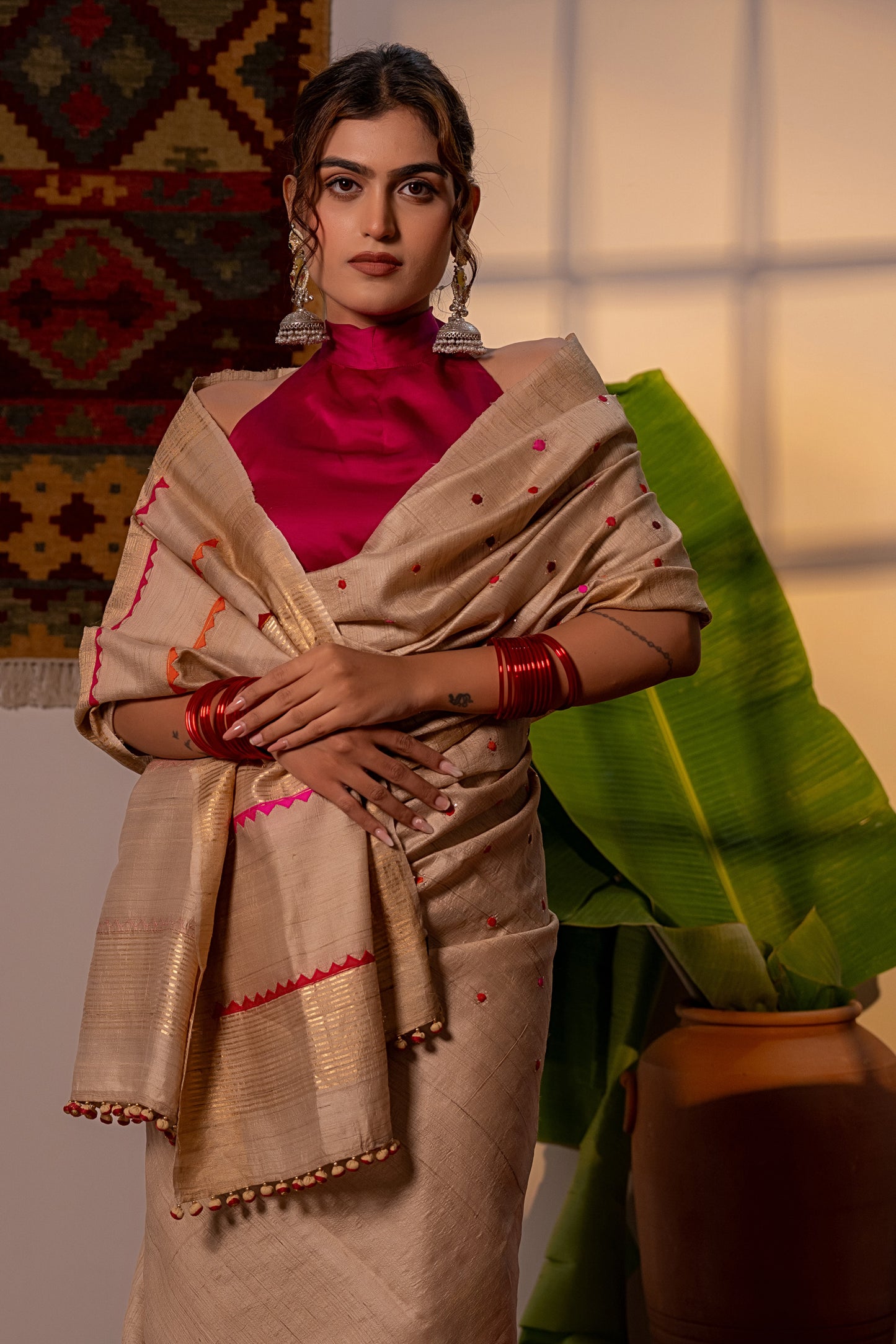 Luxury Ivory Tussar Silk Saree With Delicate Aari & Appliqué Work