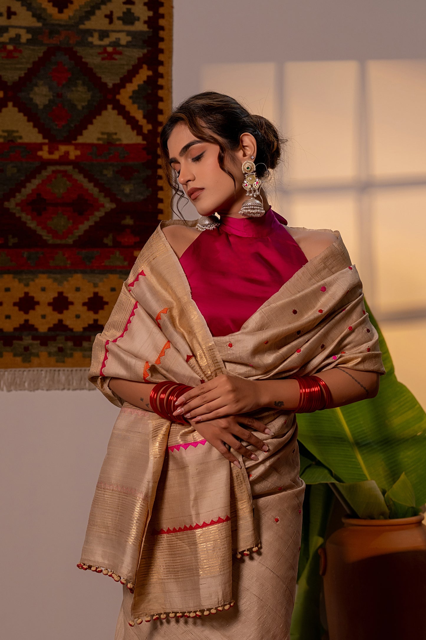 Luxury Ivory Tussar Silk Saree With Delicate Aari & Appliqué Work