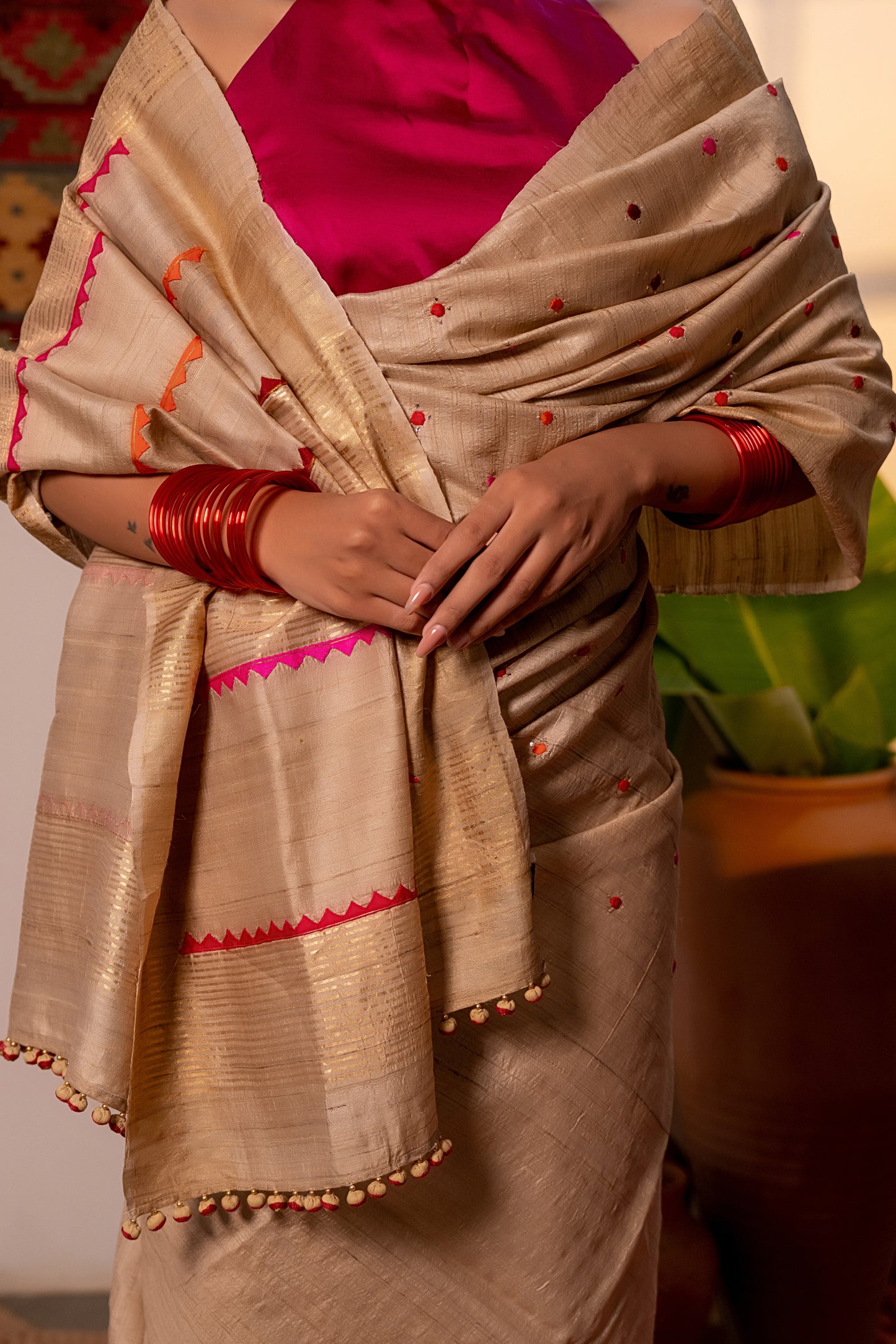 Luxury Ivory Tussar Silk Saree With Delicate Aari & Appliqué Work