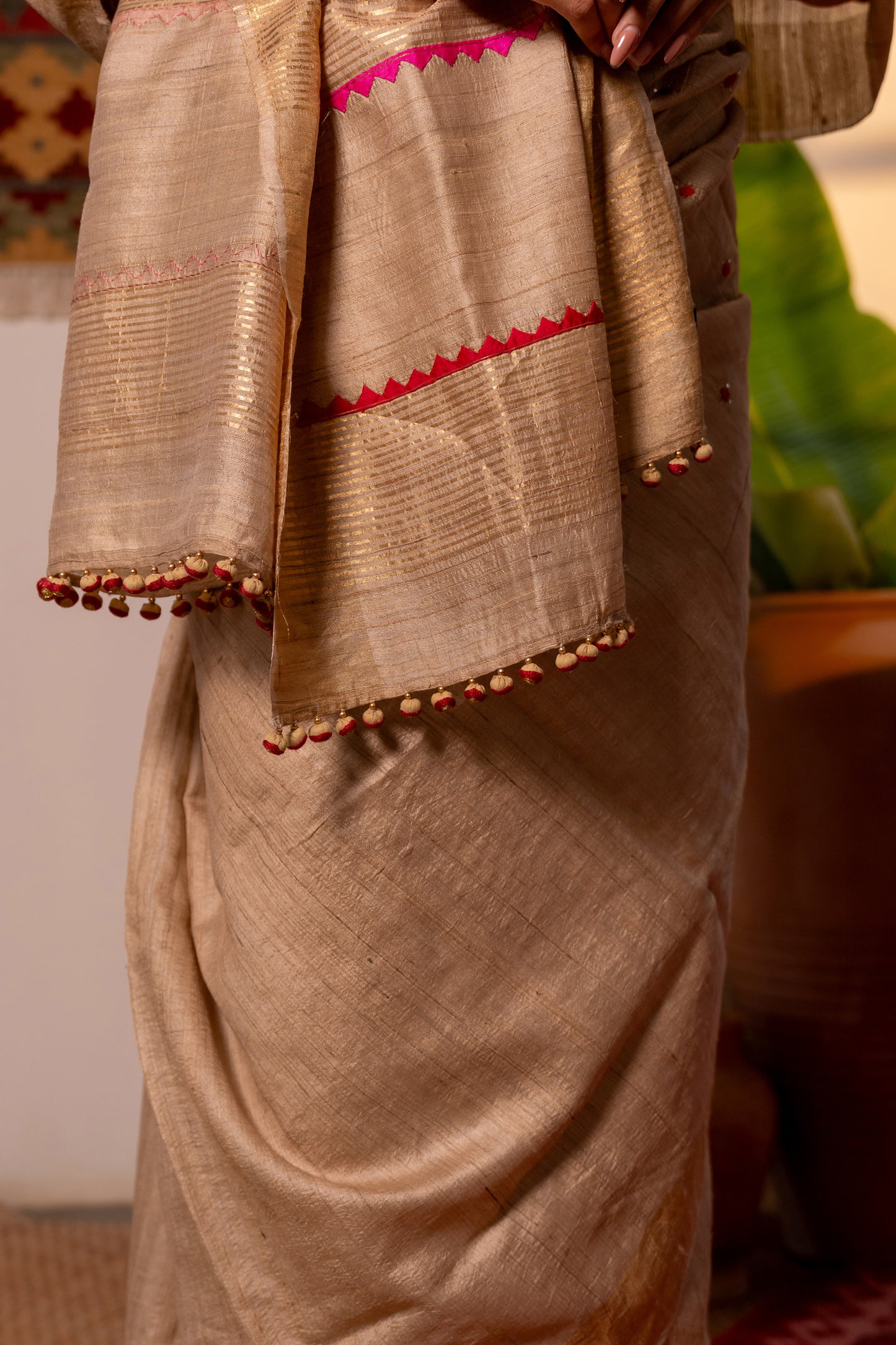 Luxury Ivory Tussar Silk Saree With Delicate Aari & Appliqué Work