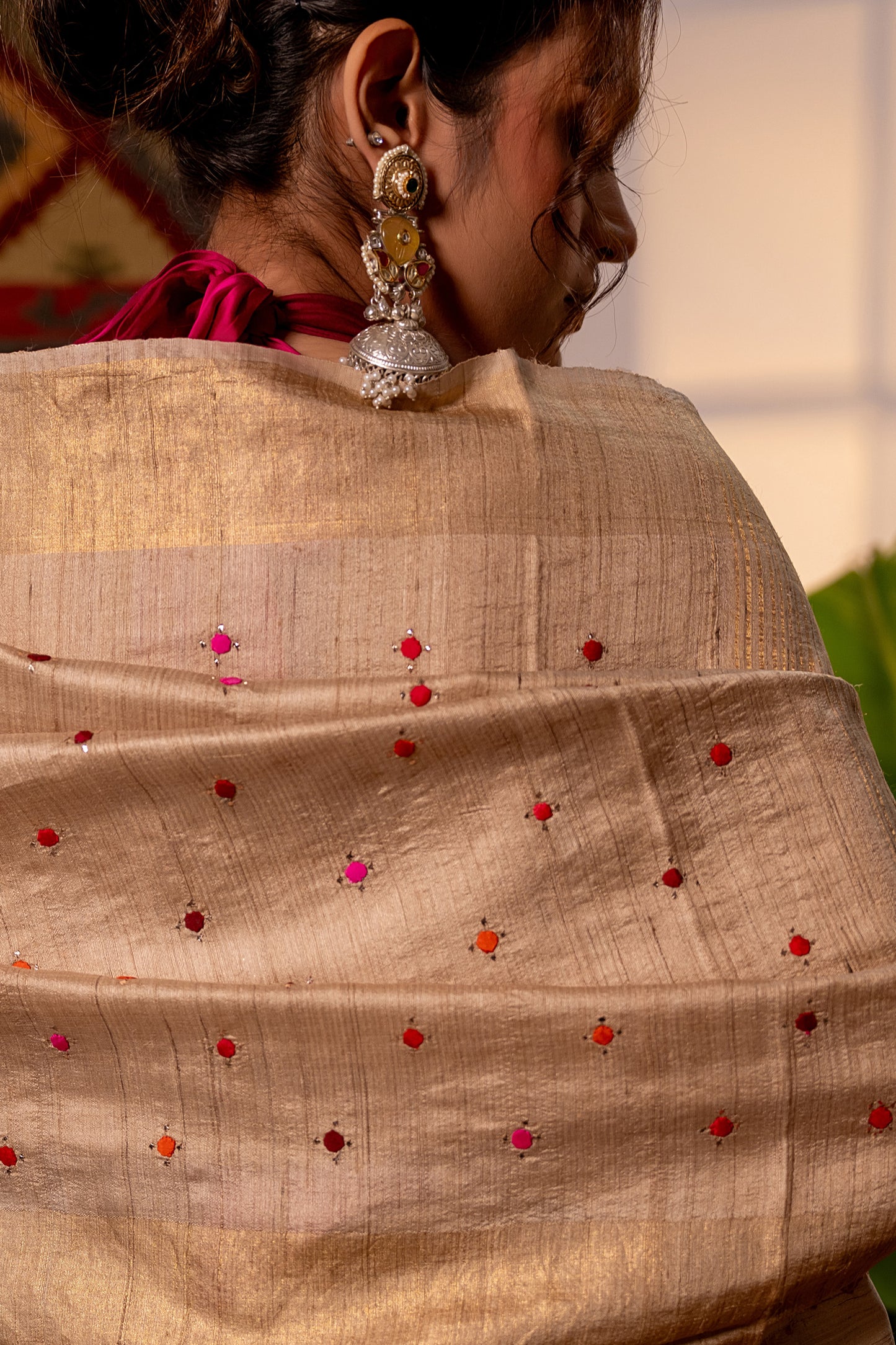 Luxury Ivory Tussar Silk Saree With Delicate Aari & Appliqué Work
