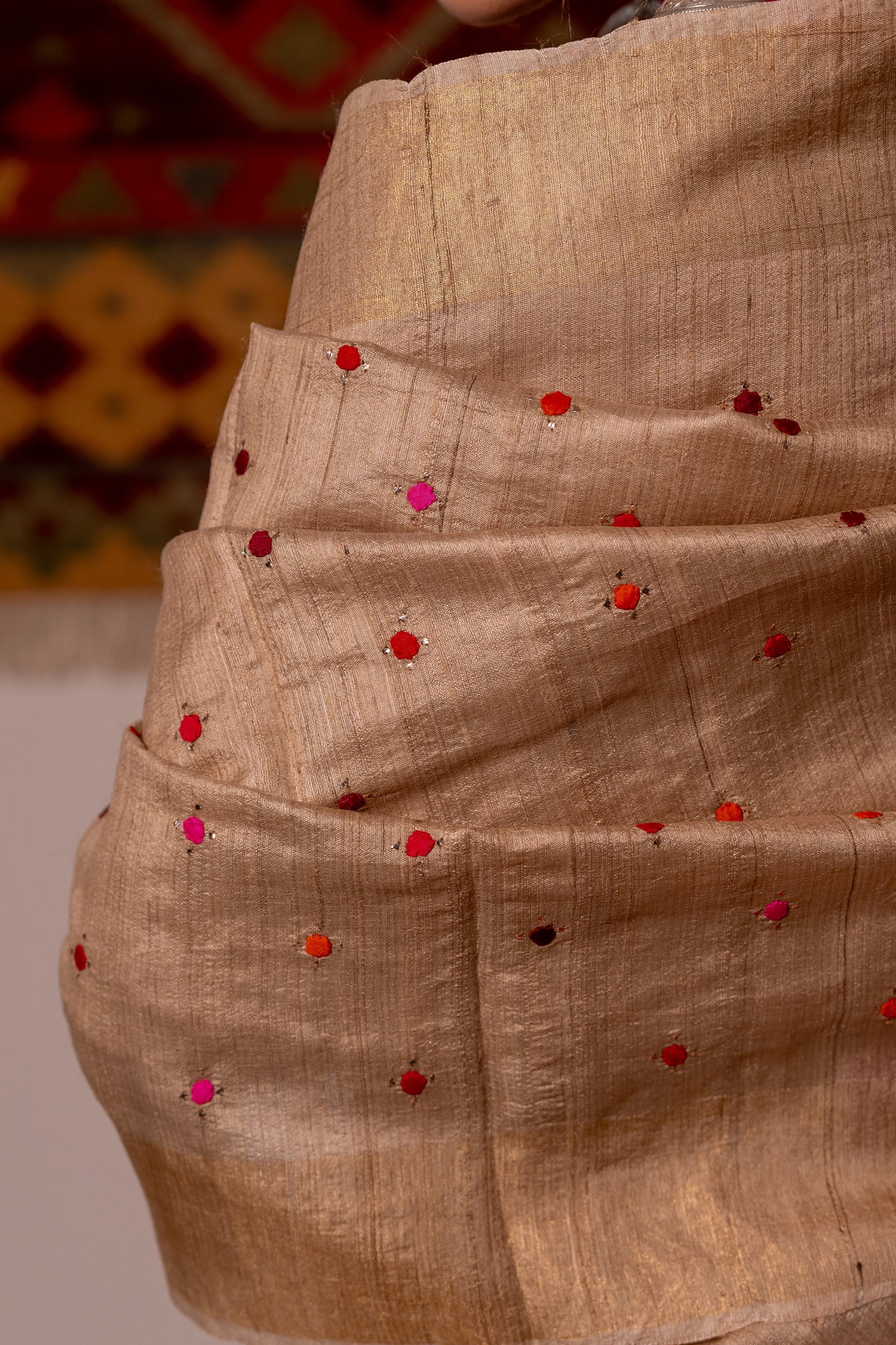 Luxury Ivory Tussar Silk Saree With Delicate Aari & Appliqué Work