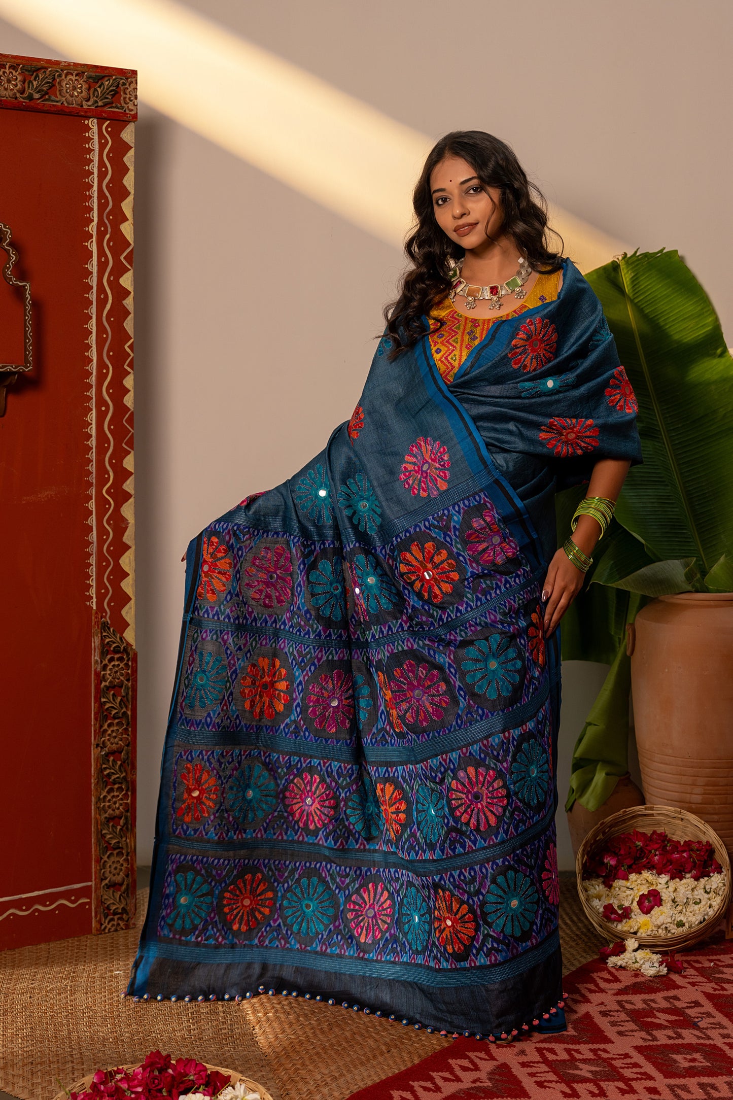 Handcrafted Blue Tussar Silk Saree – Artisanal Appliqué Elegance