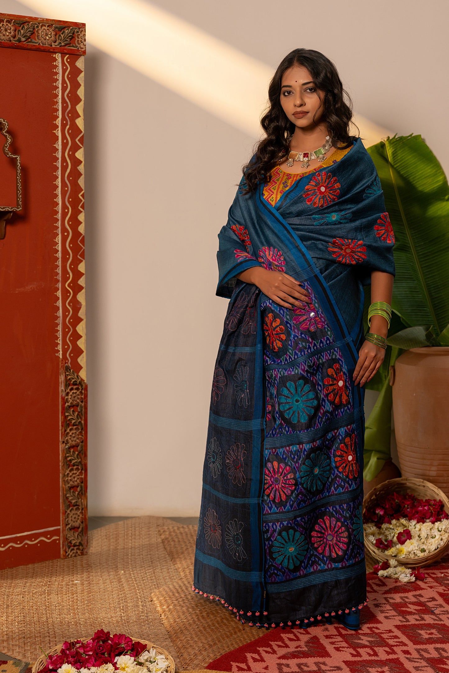 Handcrafted Blue Tussar Silk Saree – Artisanal Appliqué Elegance