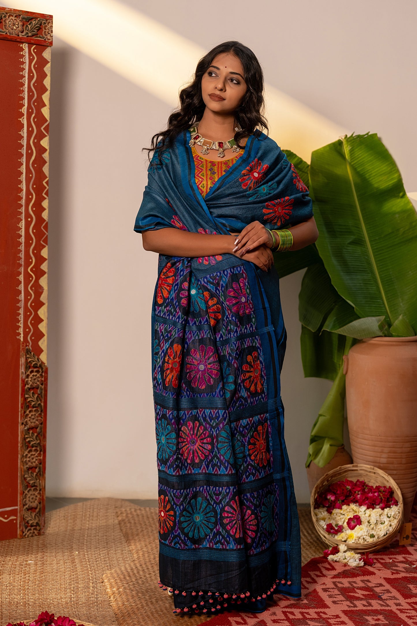 Handcrafted Blue Tussar Silk Saree – Artisanal Appliqué Elegance