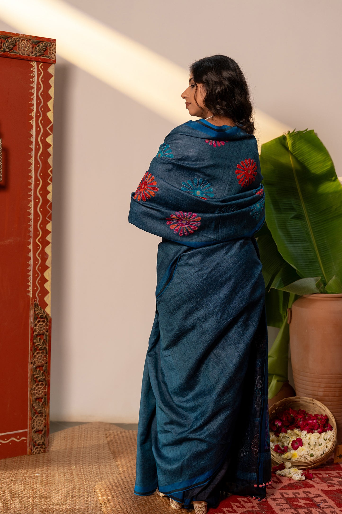 Handcrafted Blue Tussar Silk Saree – Artisanal Appliqué Elegance