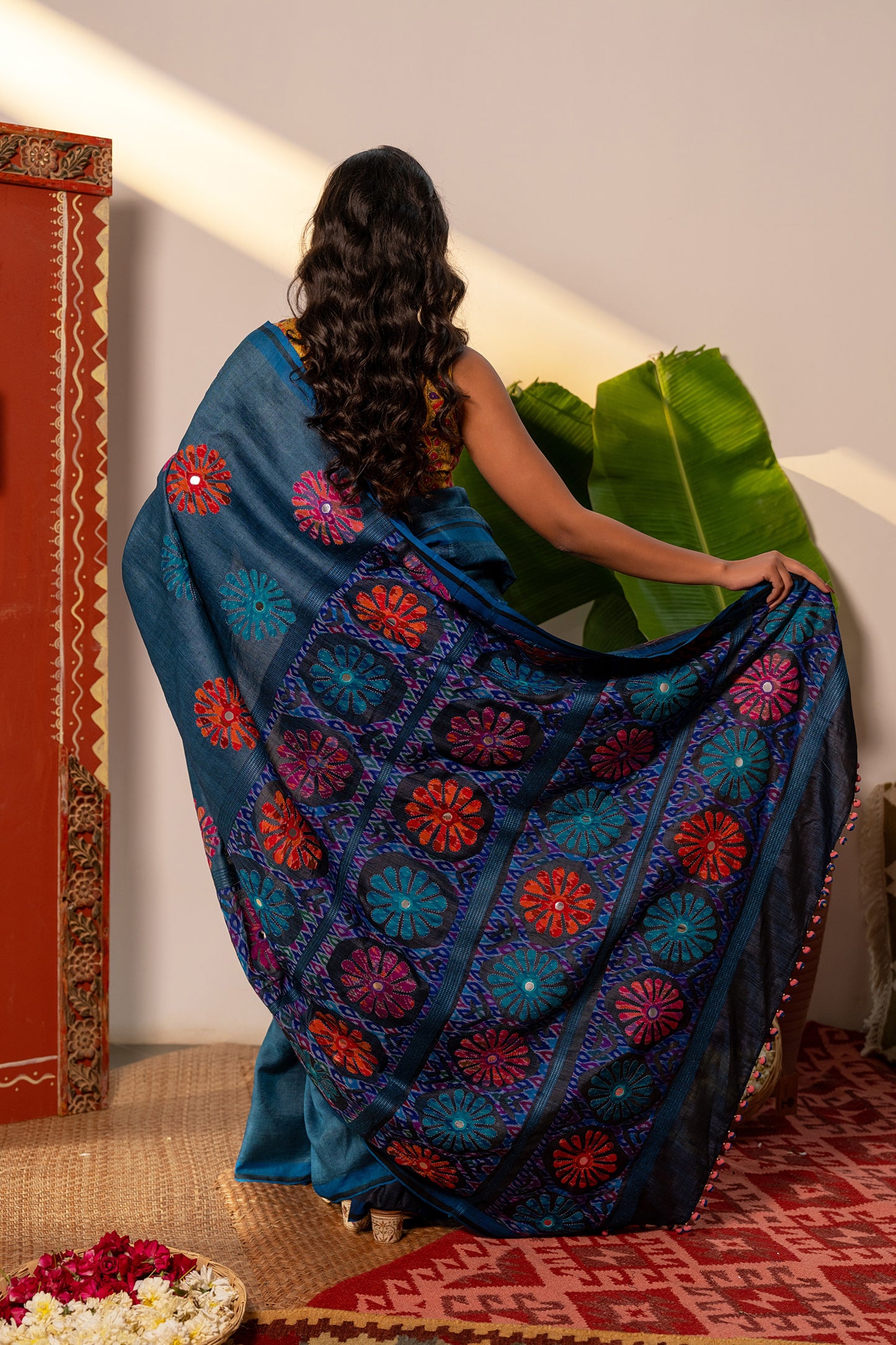Handcrafted Blue Tussar Silk Saree – Artisanal Appliqué Elegance