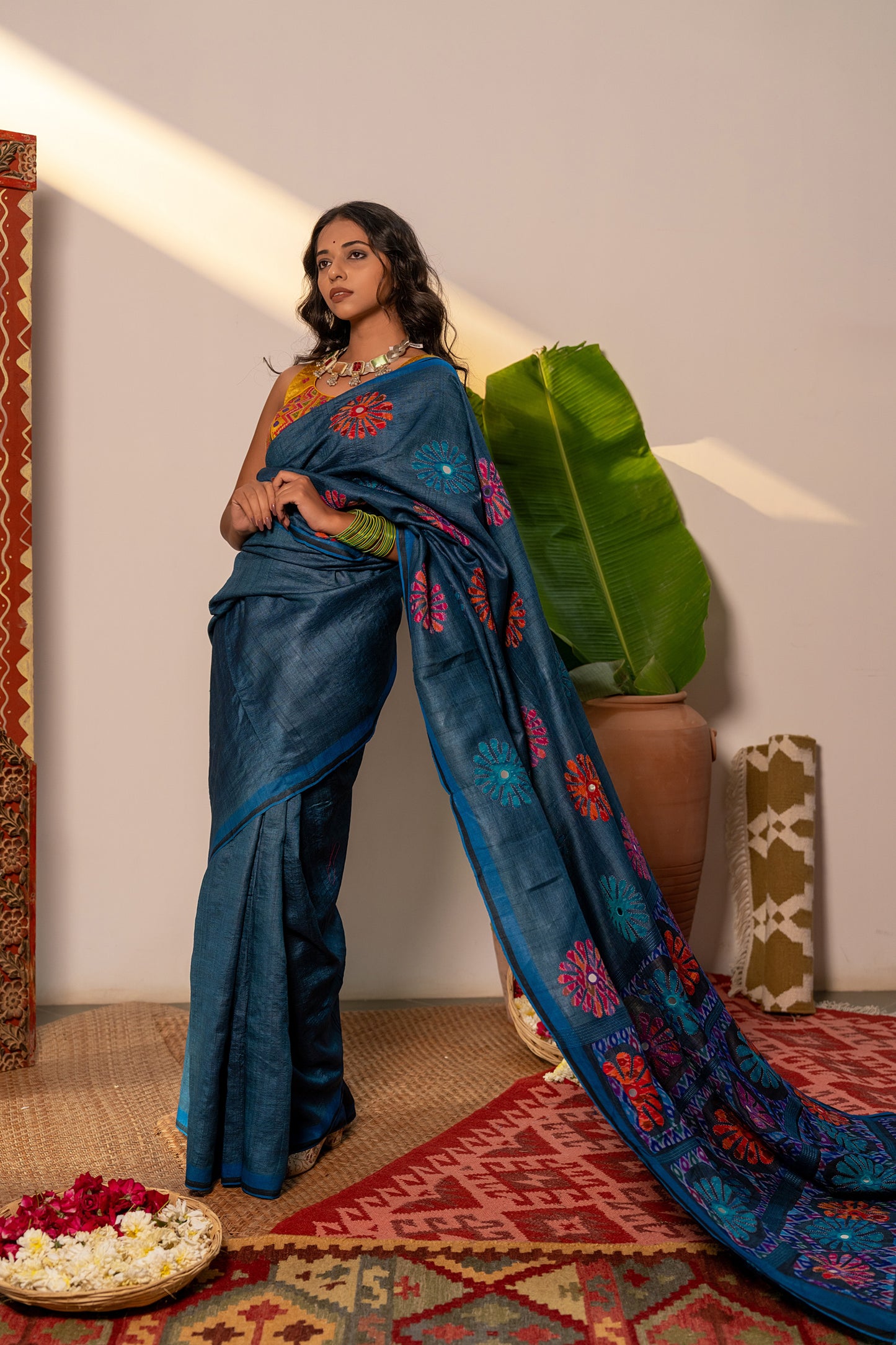 Handcrafted Blue Tussar Silk Saree – Artisanal Appliqué Elegance