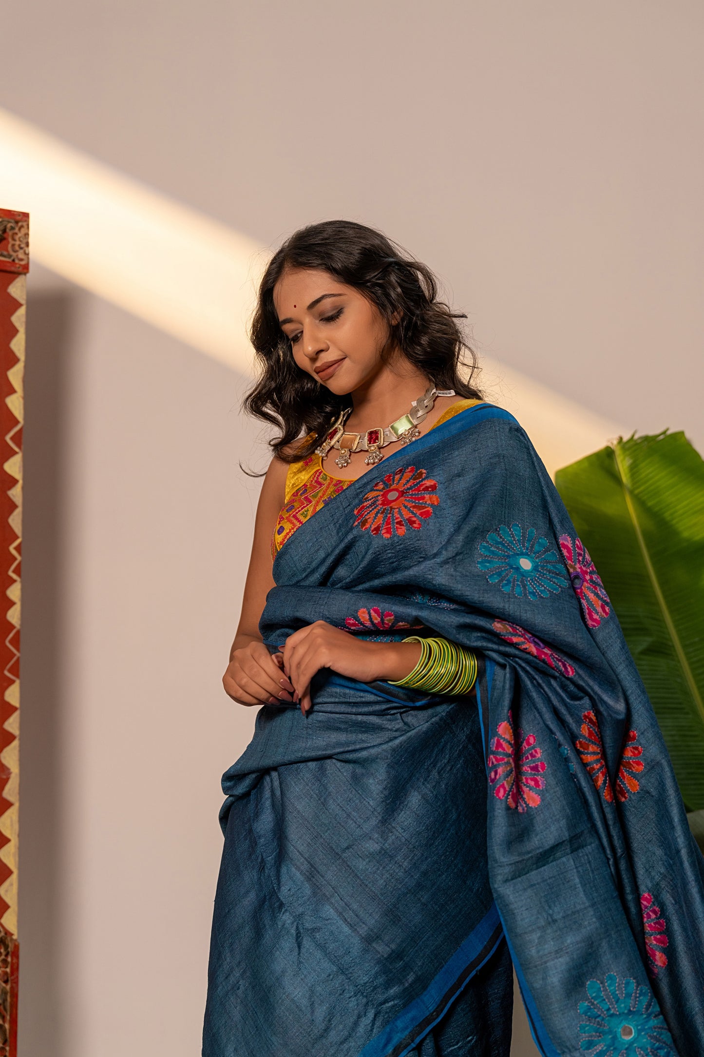 Handcrafted Blue Tussar Silk Saree – Artisanal Appliqué Elegance