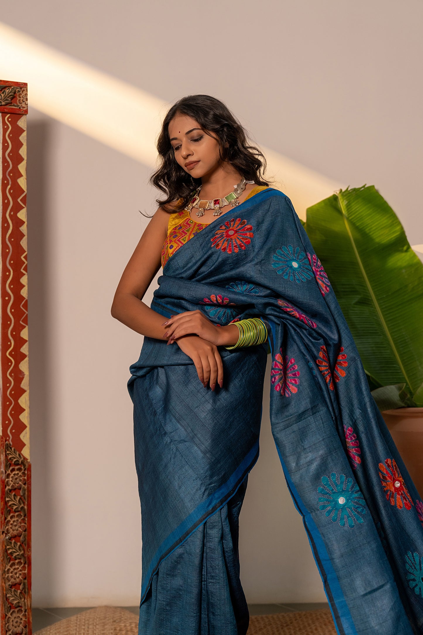 Handcrafted Blue Tussar Silk Saree – Artisanal Appliqué Elegance