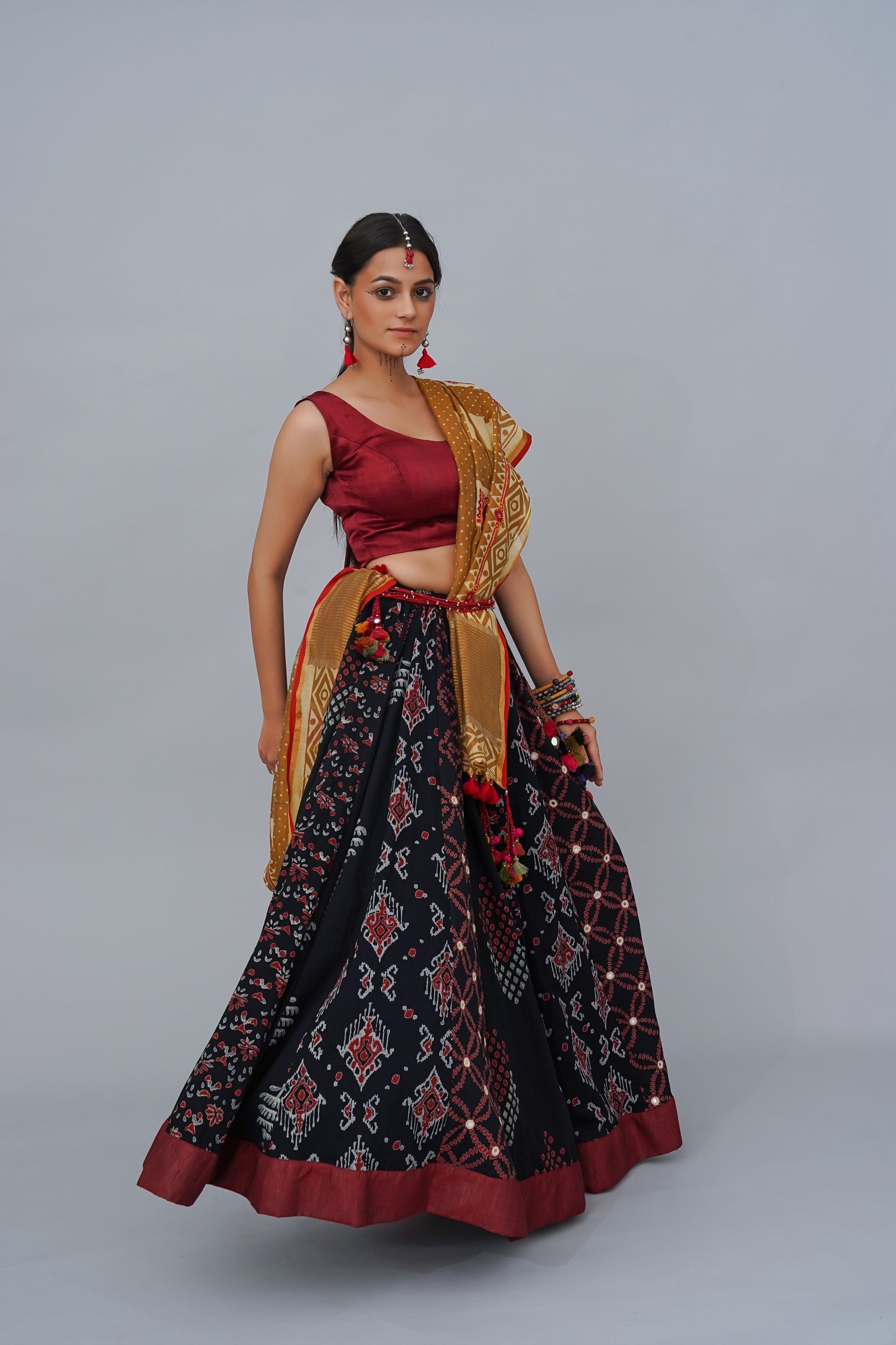 Classic Red Cotton Lehenga With Hand Block Print, Mirror Work & Hand Embroidery – Navratri Collection